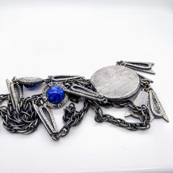 Dramatic Pewter Vintage Lavalier Necklace, Tribal Articulated Pendant with Cobal - Picture 3 of 3